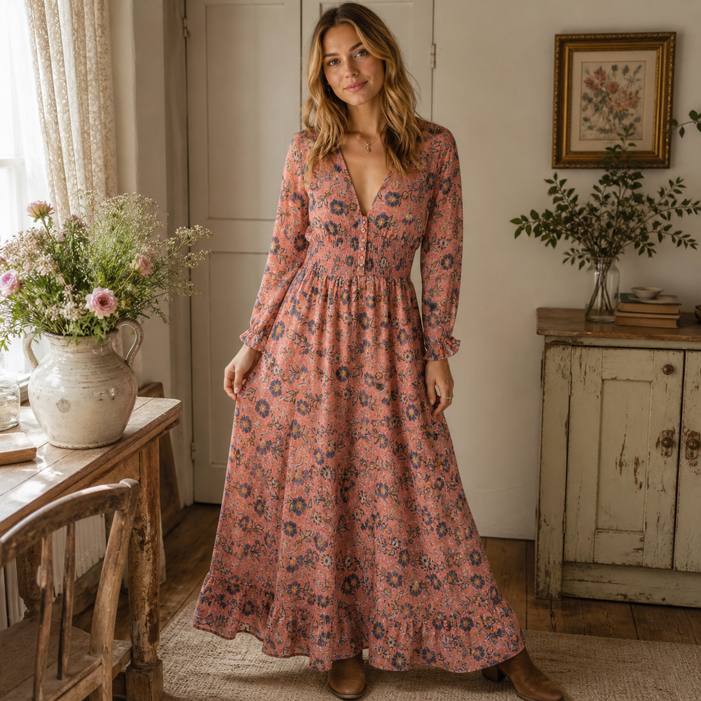 Patrons Of Peace Dress Womens Medium Pink Floral Smocked Maxi Long Sleeve Boho